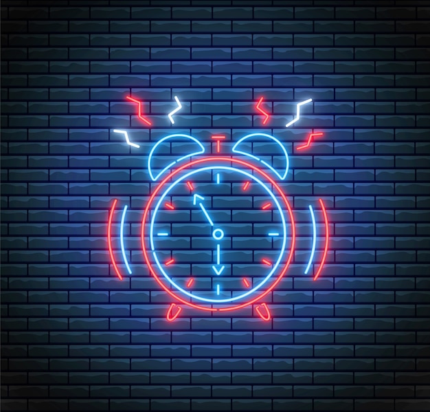 Ringing alarm clock in neon style. time concept. led light illustration. timer on brick wall.