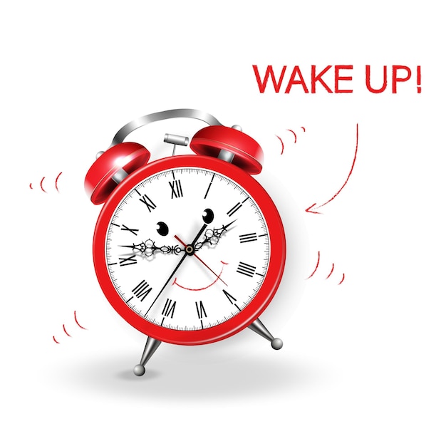 Ringing red alarm clock with wake up inscription