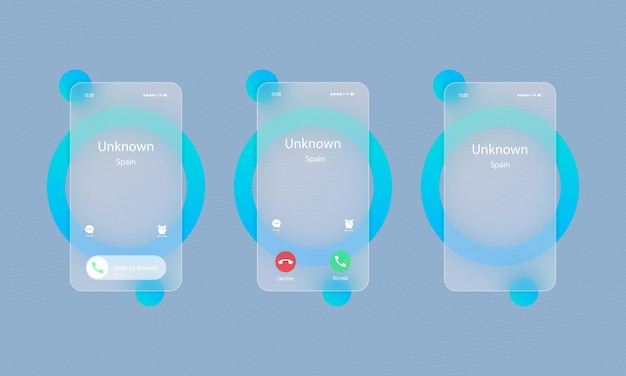 Ringing smartphone realistic set. incoming call. glassmorphism style. vector illustration. realistic glass morphism effect with set of transparent glass plates.