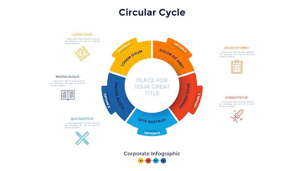 Ringlike diagram divided into 5 colorful sectors Concept of five stages of production cycle of company Corporate infographic design template Modern flat vector illustration for business analysis