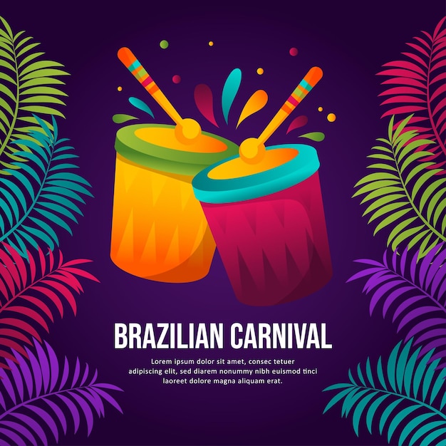 Rio brazilian carnival background , colorful drum, stick and palm leaves illustration