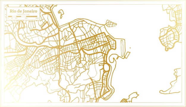 Карта города Рио-де-Жанейро в Бразилии в стиле ретро на контурной карте золотого цвета