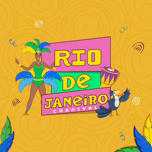 Vector rio de janeiro carnival festival concept with cheerful female samba dancer character drum instrument and toucan bird on chrome yellow swirl pattern background