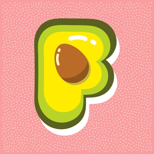 Vettore avocado maturo con pit font abc lettera f