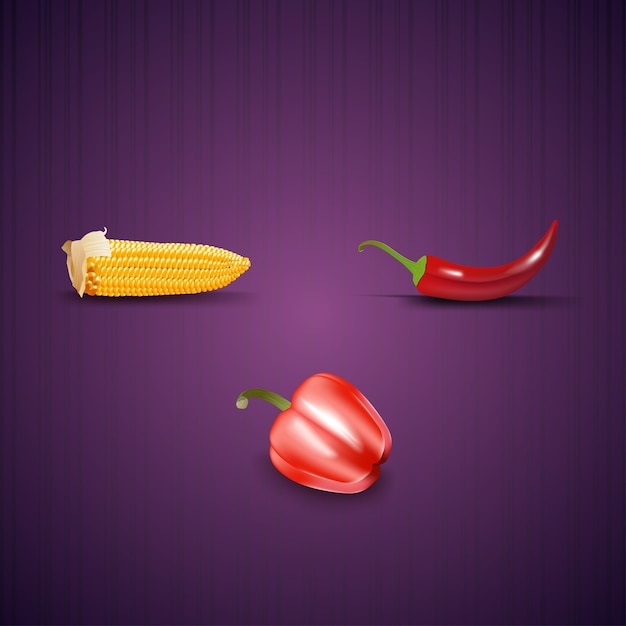 ripe ear of corn, bell peppers and chili peppers.