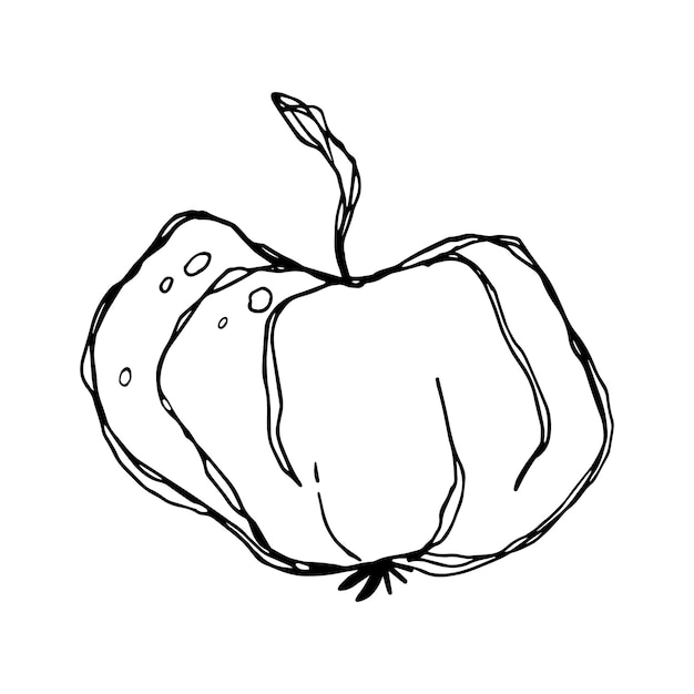 Mela succosa matura con frutta in foglia per mangiare il fumetto lineare di doodle