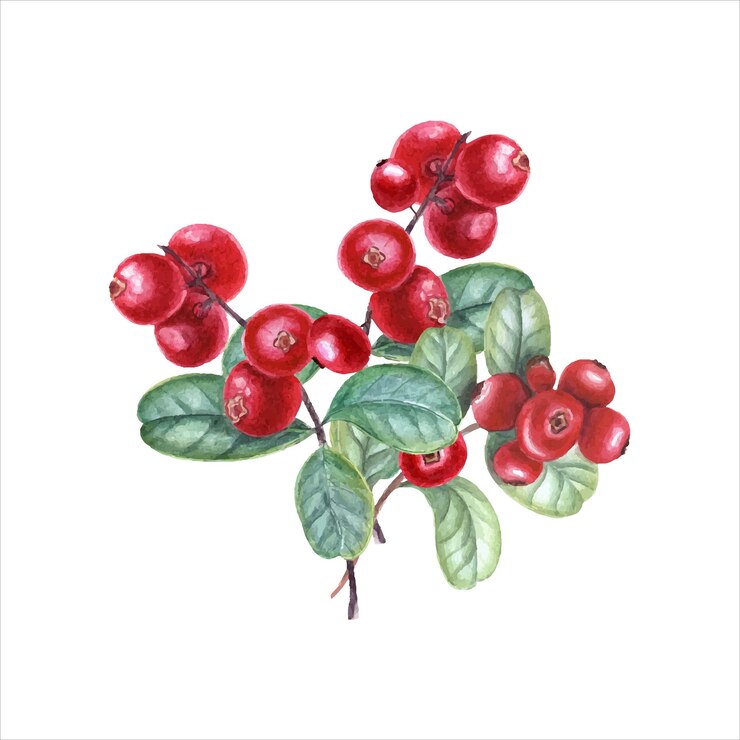 Vector ripe juicy red cranberries on branches with leaves on white background watercolor illustration