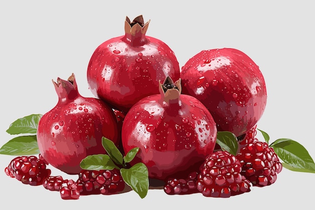 Ripe pomegranates with green leaves on white background