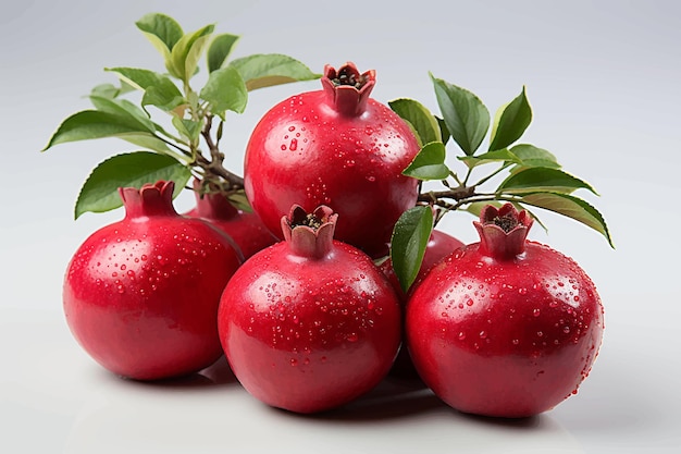 Ripe pomegranates with leaves on white background