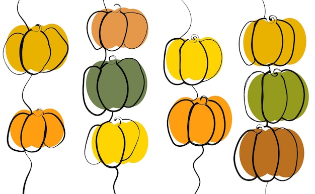 Ripe pumpkins of different colors in line art style banner with copy space on white background