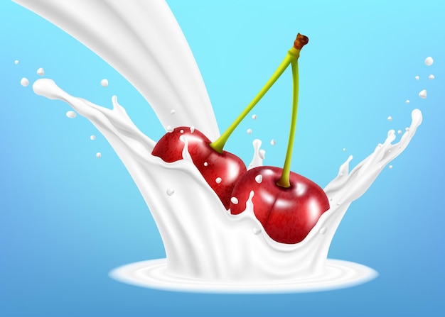 Ripe red cherries fruits falling into the milky or yogurt splashes. realistic 3d vector illustration