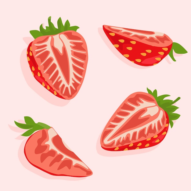 Ripe strawberries cut in half and quarters at different angles Vector food icons Summer juicy fruits