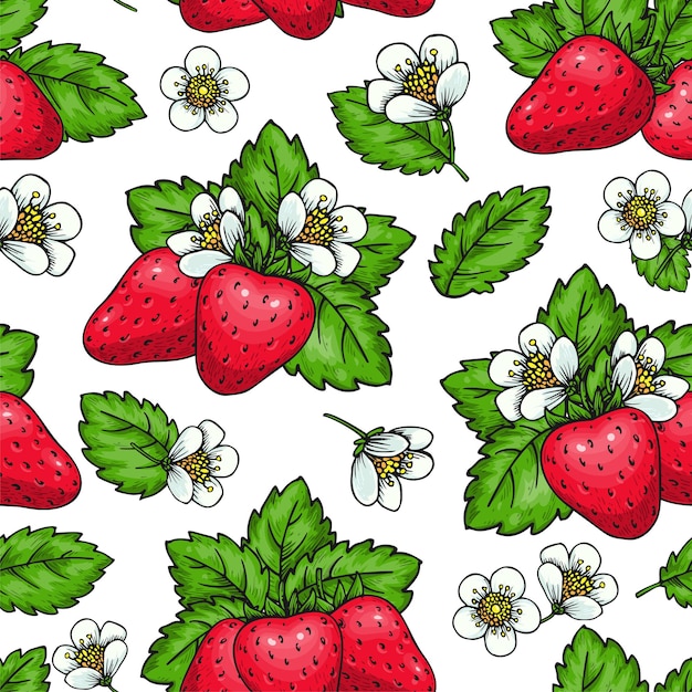 Modello senza cuciture fragola matura disegnato a mano bacche rosse fiori foglie sfondo infinito imballaggio carta carta da parati tessuto copertina superficie design texture per biglietti di auguri poster vestiti stampe