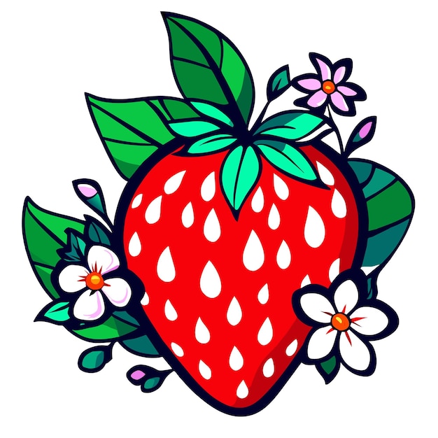 Vector ripe strawberry with leaves and blossom