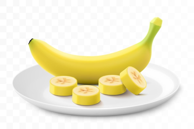 ripe sweet banana on a white plate isolated on a transparent background whole