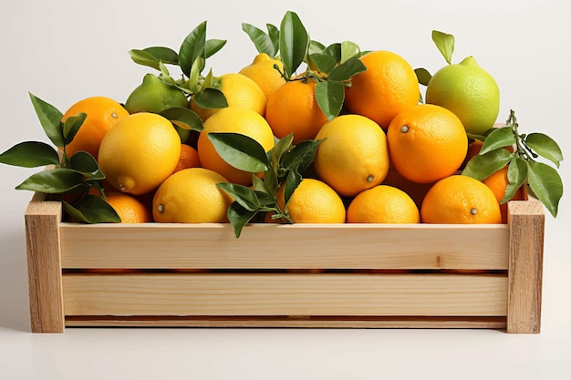 Vector ripe tasty tangerines with leaves in wooden box isolated on white