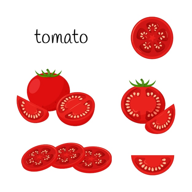Ripe tomato. Whole, slices, quarter and half