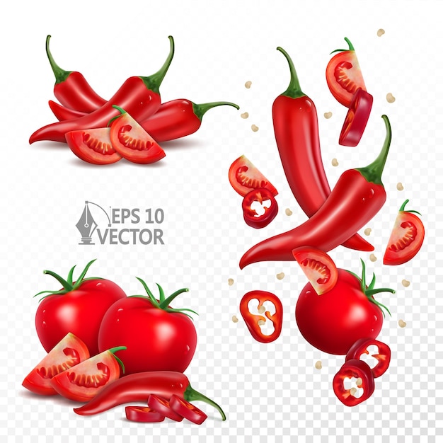 Спелые помидоры и перец чили натуральные свежие овощи падающие кусочки 3d реалистичный векторный набор иконок
