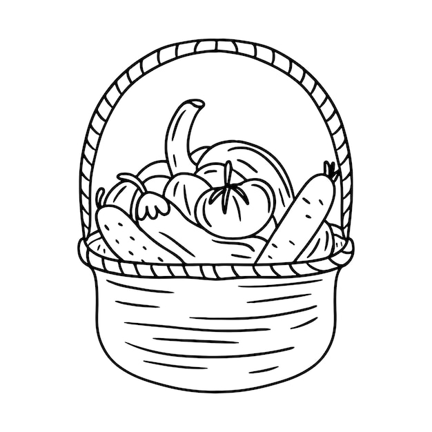 Vector ripe vegetables in wicker basket vector illustration isolated on white background autumn harvest