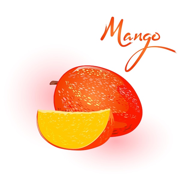 Mango intero maturo e fetta di drupacee tropicale