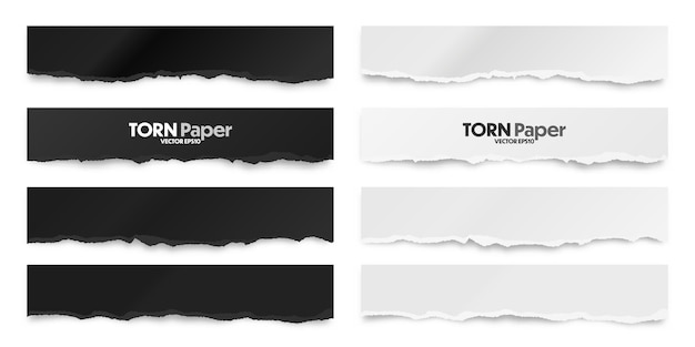 Ripped black and white paper strips realistic crumpled paper scraps with torn edges shreds of