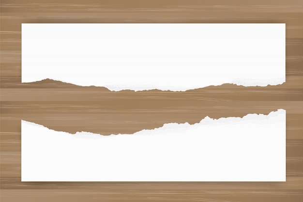 Vector ripped paper background on brown wood texture. torn paper edge.