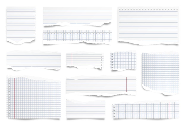 Вектор Разорванные бумажные полосы, изолированные на белом фоне, реалистичные выложенные бумажные обломки с разорванными краями, липкими