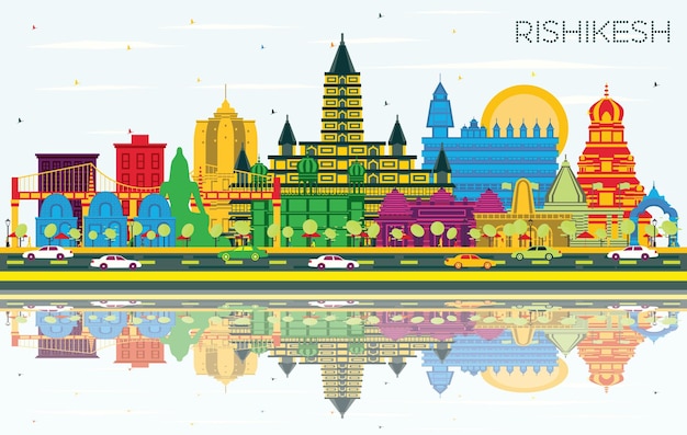 Vector rishikesh india city skyline met kleur gebouwen blauwe lucht en reflecties vector illustratie rishikesh cityscape met oriëntatiepunten