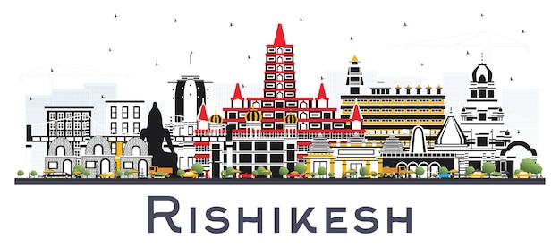 Горизонты города Индии Ришикеш с зданиями цвета изолированные на белизне. Векторные иллюстрации. Деловые поездки и концепция туризма с исторической архитектурой. Городской пейзаж Ришикеша с достопримечательностями.