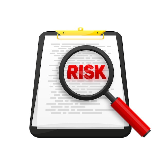 Risico Word Vergrootglas op zwart klembord op witte achtergrond Risicobeheer pictogram Vector illustratie