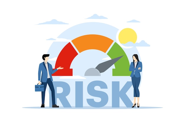 Vector risicobeheerconcept met bedrijfsteam dat risico's beoordeelt, evalueert en analyseert