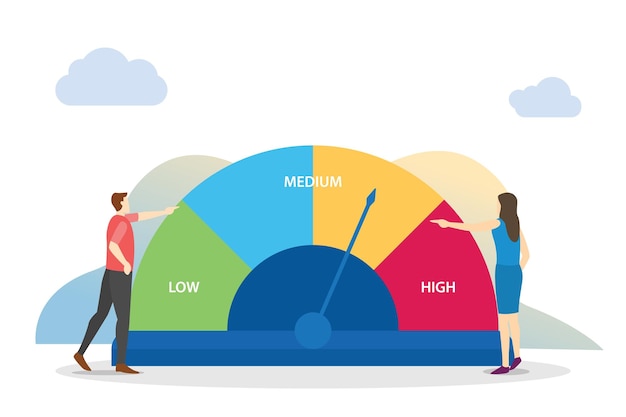 Vector risicobeoordeling concept icoon met staafmeter snelheidsmeter en mensen analyseren en bespreken met moderne vlakke stijl