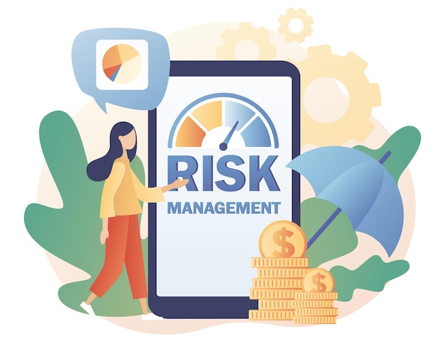 Risicomanagement. Tiny woman review, evalueer, analyseer risico. Risicobeoordeling online. Bedrijf