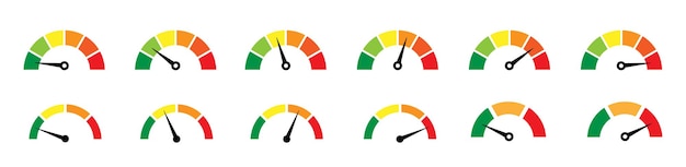 Risicometer icon set Risicoconcept op snelheidsmeter Aantal meters van laag naar hoog Vectorillustratie