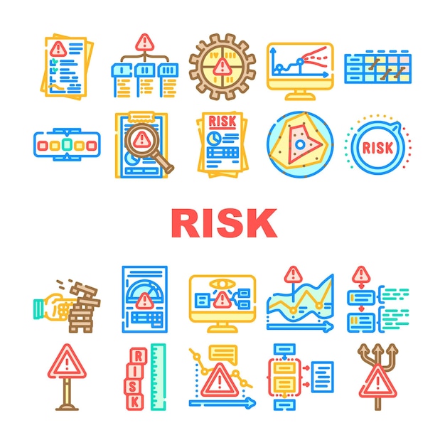 Vector risk analyst business icons set vector market corporate stock data finance plan investment graph technology account risk analyst business color line illustrations