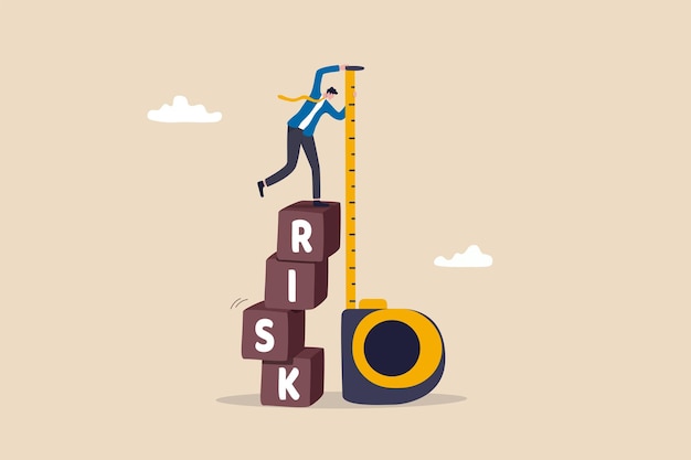 Vector risk assessment, analyze potential danger level, measure money loss acceptable for investing, control or limit loss concept, businessman investor stand on stack of risk boxes measure his assessment.