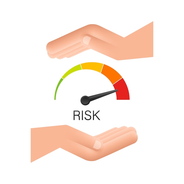 手にスピードメーターのリスクアイコン。高リスクメーター。ベクトルストックイラスト。