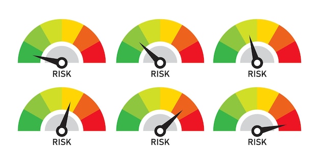 Risk level speedometer symbol set on white background dial indicator low medium and high