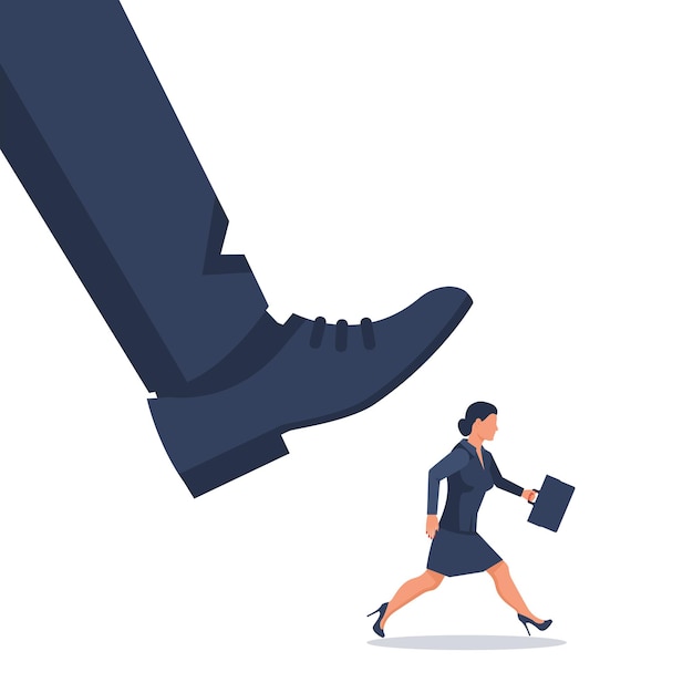 Risk management concept Businesswoman runs away from a big leg Trampling businessman
