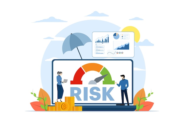 Vettore concetto di gestione dei rischi con il team aziendale che esamina, valuta e analizza i rischi