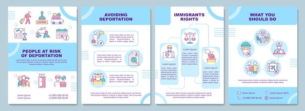 추방 브로셔 템플릿의 위험. 출발을 피하십시오. 전단지, 소책자, 전단지 인쇄, 선형 아이콘이 있는 표지 디자인. 프레젠테이션, 연례 보고서, 광고 페이지용 벡터 레이아웃