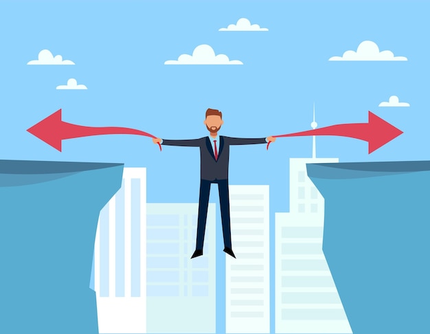 Risk when choosing business two development paths businessman with two arrows over abyss search successful way problem solving alternative solution vector cartoon flat concept
