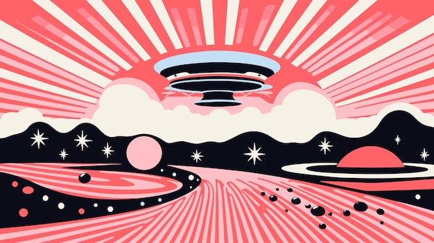 Risograph ufo moderno colorato doodle arti sfondo 02
