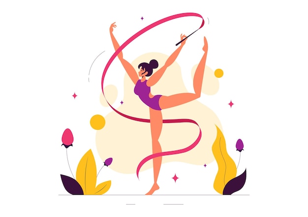 Ritmische touwgymnastiek Vectorillustratie met een vrouwelijke ritmische gymnast die met een touw optreedt in een sierlijke pose op een vlakke achtergrond