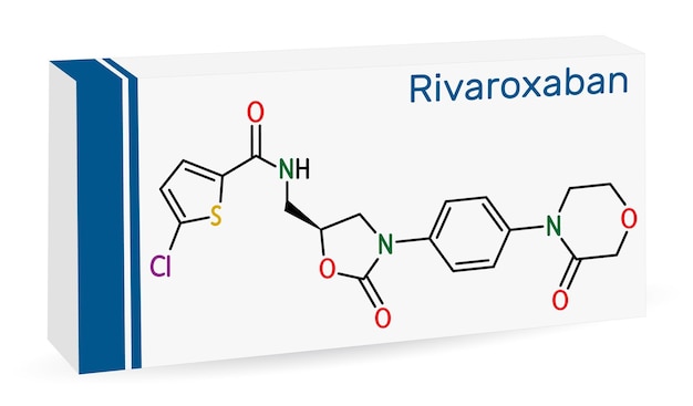 Vector rivaroxaban molecule anticoagulant skeletal chemical formula paper packaging for drugs