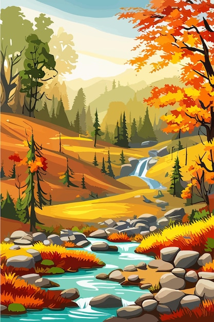 A river in the autumn forest with mountains in the background seasonal landscape vector illustration