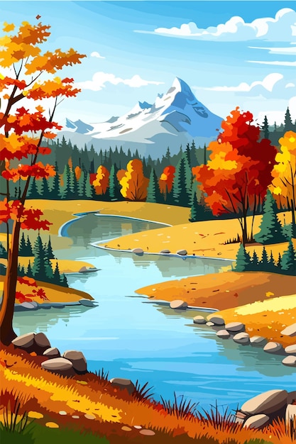 A river in the autumn forest with mountains in the background seasonal landscape vector illustration