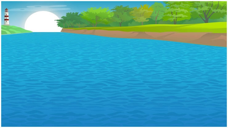 Vector river beside a forest beautiful landscape for cartoon animation background.