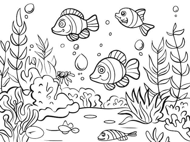 ベクトル 川の底に魚貝や植物がある 絵本や絵本を描くページ 子供向けのジェネレーティブ・アイ
