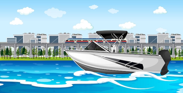 Vector river city scene with a speedboat